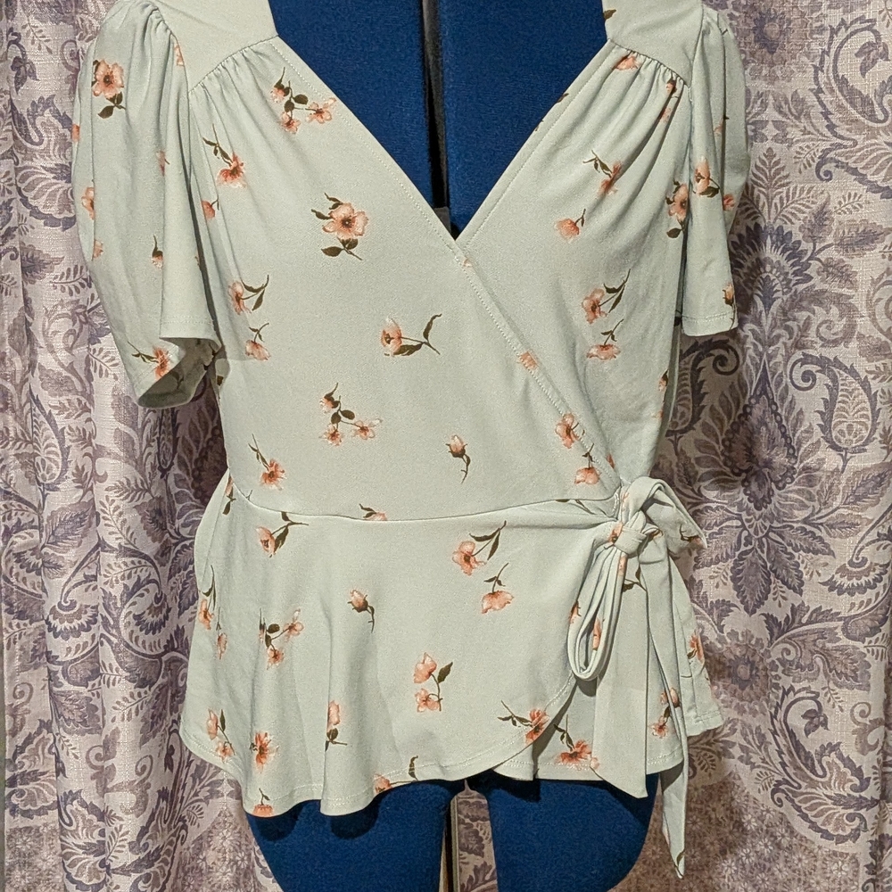 Meraki Floral Wrap Blouse - Light Green and Pink